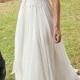 Elegant A-line V-neck Cap Sleeves Appliqued Beaded Sweep Train Lace Ivory Chiffon Beach Wedding Dress