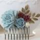 Bridal Hair Comb Dusty Blue Dusky Blue Powder Blue Maroon Burgundy  Dark Red Ivory Rose Flower Collage Comb Country Chic Garden Wedding Comb