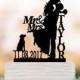 Personalized Wedding Cake topper with dog, bride and groom silhouette wedding cake topper, custom anem and date cake topper