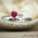 Ruby Heart Solitaire Wedding Set in Sterling - Silver Solitaire Set with Smoke Swirl Notched Band - Sweetheart Ring Set