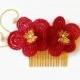 Beaded Orchid Bridal hair Comb in red and gold, french beaded flower wedding hair piece, floral hair pin,