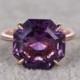 Big hexagon Amethyst Engagement ring,Solitaire wedding ring,14K Rose Plain Gold Band,Purple stone Promise Ring,Bridal Ring,Stacking Ring