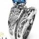 London Blue Topaz Engagement Ring Set Unique 14K White Gold Bridal Rings 2 Carat Topaz Ring Art Deco Engagement Rings