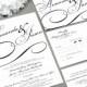 Black Tie Calligraphy Wedding Invitation Set by RunkPock Designs / Modern Script Swirl Formal Invitation shown in classic black and white