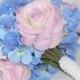 Silk Flower Bridal Bouquet, Pink with Cream Roses, Blue Hydrangea, Artificial Flower Bridal Bouquet, Silk Floral Bridal Bouquet, Bridal,