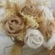 Will ship in 3 weeks ~~~ Medium Size Country Burlap & Wheat Bridal Bouquet, Burlap Roses, Wheat and Babies Breath.
