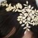 Wedding Headband Bridal Side Tiara Gold Swarovski Crystals Pearls Golden Shadow Flower Headpiece Leaf Hair Accessory  SAMANTHA