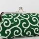 Green & White Modern Floral Pattern - 8 inch Large Silver Frame Clutch - the Emma Style Clutch