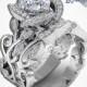 Princess Belle Inspired Swirl Rose Swarovski Sterling Silver or White Gold Engagement Ring Set
