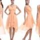 Peach Straps Bridesmaid Dress, High-Low V neck Peach Chiffon Bridesmaid Dress With Open Back