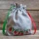 Linen Girl Handbag, Embroidered Wedding Sachet, Small Handmade Strawberry Bag, Grey, Rustic Party Bag