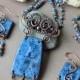 Sea blue ceramic necklace, gypsy jewelry, bohemian jewelry set, wire wrapped, ceramic jewelry, gift for her, ceramic cabochon, boho