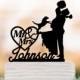 Personalized Wedding Cake topper with dog, groom lifting bride with mr and mrs in heart funny cake topper, acrylic cake topper