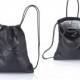 Black python leather backpack purse- multi leather sackbag SALE - laptop backpack-black leather bag- drawstring bag-gold rucksack