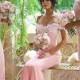 Elegant Off-the-shoulder Sweep Train Pink Mermaid Bridesmaid Dress with Appliques