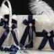 Navy Blue Wedding Basket   Bearer Pillows   Guest Book with Pen   Bridal Garter  Lace Wedding Pillow   Flower Girl Basket Accessories Set