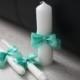 Mint White Unity Candles, Pillar and Stick Wedding Candle, Mint green Handmade Bow Unity Candle, Candles with Ribbon Bow