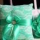 Mint Wedding Pillow Basket Set  White and Mint Lace Ring Pillow   Flower Girl Basket Set  Rhinestone Wedding Basket   Ring bearer Pillow