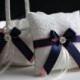 Coral and Navy Wedding Basket   Ring Bearer Pillow Set  Navy Blue and Coral Lace Wedding Pillow   Flower Girl Basket Set  Lace Ring Pillow