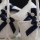 Navy Blue 2 Wedding Pillows   2 Baskets Set  Navy Ivory Lace Wedding Bearer Pillow   Flower girl Basket Set  ring holder   Petals basket
