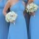 Simple One Shoulder Floor Length Sky Blue Bridesmaid Dress