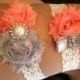 Pink Coral / Grey Wedding Garter Set - Ivory Stretch Lace - Rhinestone Detail...