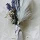 Woodland White Winter Wedding Dried Lavender, White Feathers,  Lichens and Babies Breath wrapped in Dove Gray Satin Ribbon