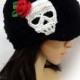 Skull and Rose Crochet Newsboy Hat. Sugar Skull Beanie. Black or 43 colors. Teens and Women's Hat. Fashion Warm Autumn Fall Winter Accessory