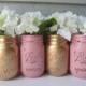 Painted and Distressed Ball Mason Jars- Gold Metalic and Light Pink-Set of 4-Flower Vases, Rustic Wedding, Centerpieces