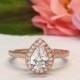 New! 1 ctw, 3/4 ct Pear Halo Engagement Ring, Classic Halo Ring, Man Made Diamond Simulants, Wedding Ring, Sterling Silver, Rose Gold Plated