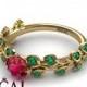 Unique Engagement Ring 14K Yellow Gold Leafs And Branches Vintage Ruby With Green Emerald - Sydney Leafs Engagement Ring