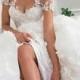 Nectarean Illusion Jewel Short Sleeves Hi-Low Wedding Dress with Lace Patchwork