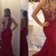Fancy Scoop Sleeveless Mermaid Burgundy Sweep Train Lace Prom Dress with Beading from Tidetell