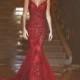 Gorgeous Red Mermaid V-neck Sleevess Illusion Back Prom Dress with Beading Appliques from Tidetell