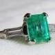 Emerald Ring Vintage Emerald Engagement Ring 0.79ct Columbia Emerald cut Emerald 0.10cttw baguette diamonds Platinum