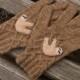 Hand knitted women gloves, sloth gloves, camel wool, sloth clothes, gloves with sloth, knit gloves, sloths, brown gloves, gift for women