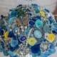 Yellow Blue Bridal Brooch Bouquet. Deposit on custom Beach Theme Wedding Bling Diamond Broach Bouquet. Seaside Summer Wedding.