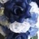 Wedding Bouquet Bridal Silk flower 17 pieces package NAVY BLUE WHITE Periwinkle Cascade Free shipping boutonnieres Roses and Dreams
