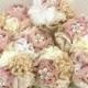 Brooch Bouquets, Blush, Champagne,Tan, Beige, Ivory,Bridesmaids Bouquets, Maid of Honor, Lace, Elegant Wedding, Linen, Pearls, Crystals