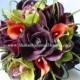 Wedding, Eggplant, plum, deep purple, green, orange bouquet, Real Touch flowers, roses, orchids, calla lilies, Bride, Groom silk wedding set