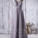 2016 Medium Gray Bridesmaid Dress, V Neck Wedding Dress Straps, Long Chiffon Open Back Prom Dress, A Line Evening Gown Floor Length (L005)