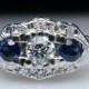 Vintage Edwardian Diamond & Sapphire Engagement Ring 18k White Gold Three Stone Ring Wedding Ring