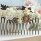 Fall Flower Wedding Comb. Nature, Brown, Ivory Rose, Oak Leaf Flower Hair Comb. Bridesmaids Gift. Ivory and Brown, Rustic Country Wedding