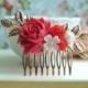 Pink Red Flower Rose Gold Comb, White and Red Rose Gold Comb, Wedding Comb, Bridal Earrings, Bright Pink Rose Hair Comb, Red Bridesmaid Gift