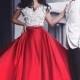 Modern Two Piece Off Shoulder Floor-Length Red Prom Dress with Patchwork
