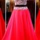 Generous Two-Piece Scoop Sleeveless Red Chiffon Sweep Train Prom Dress with Beading