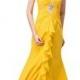 Angelia Bridal Sweetheart Strapless Beaded Chiffon Prom Party Dress With Court Train (16,Yellow)