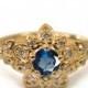 Blue Sapphire Art Deco Petal Engagement Ring - 14K Yellow Gold and Sapphire engagement ring,leaf ring,flower ring,vintage ring, halo ring,2B