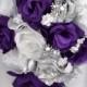 17 Piece Package Bridal Bouquet Wedding Bouquets Silk Flowers Bride Cascade Teardrop PURPLE SILVER WHITE Jewels "Lily of Angeles" PUSI01
