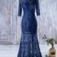 2016 Navy Blue Bridesmaid Dress with 3/4 Quarter Sleeves, Long Wedding Dress with Slit, Lace Prom Dress, Mother Of Bride MOB Dress (HL143)